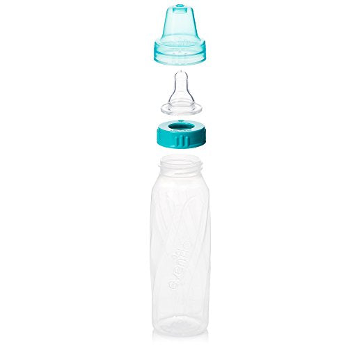 Evenflo Feeding Classic Clear Plastic Standard Neck Bottles for Baby, Infant and Newborn - Teal/Green/Blue, 8 Ounce (Pack of 12) - color: Teal / Green / Blue