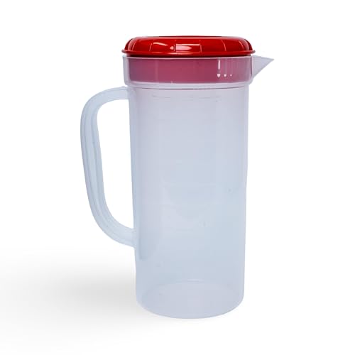 1 Quart Plastic Measuring Pitcher with Simple Lid, BPA Free, Shatterproof Beverage Jug for Iced Tea, Lemonade, Juices, Milk – Leak-Proof, Dishwasher Safe, Fridge Friendly | Red - color: Red, 1qt Pitcher w/ Lid