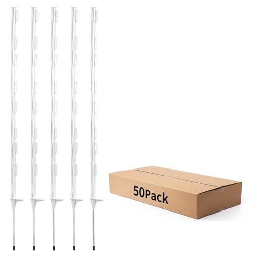 50PCS 48" Plastic Step-in Electric Fence Posts with Clips, White | Temporary Electric Fence Stakes · 8 Integrated Clips · Reinforced Steel Spike · For Garden and Farm & Livestock - color: White-50PCS