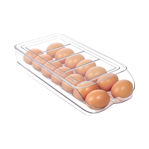 MesRosa Egg Holder for Fridge, Automatic Rolling Egg Organizer -1 Layer | Stackable Clear Egg Container & Tray for Refrigerator, Durable Dispenser and Storage with Sturdy Lid to Saving Space - size: 1 Layer Holder 14 Eggs
