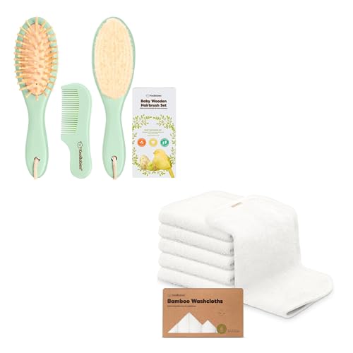 KeaBabies Baby Hair Brush and Comb Set and 6-Pack Baby Washcloths for Newborn - Wooden Brush with Soft Goat Bristle, Soft Wash Cloth