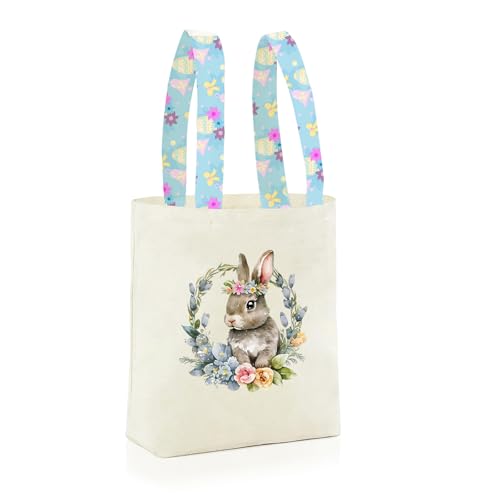 Easter Basket Bunny Canvas Tote Bag, 12.2x11 Inches, Natural Canvas, Hand-Carry, for Gift and Easter Egg Collection - color: A-bunny