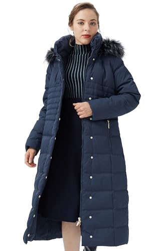 Orolay Women Warm Down Jacket with Hood Fur Long Puffer Coat Brown - color: Navy, size: X-Small