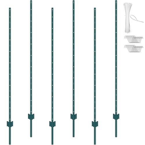 VEVOR 6 Feet U-Channel Metal Fence Post, 6 Pack With 24 Zip Ties & 12 Clips, Sturdy Steel Stakes for Garden Yard, Lawn, Farms and Outdoor Wire Fencing, Green - size: 6 Feet 6 Pack