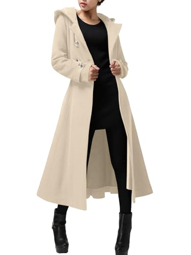 Cicy Bell Womens Long Double-Breasted Hooded Coat Winter Wool Trench Coat | Warm Pea Overcoat,Lapel Collar,Outwear with Belt,Open Front - color: Apricot, size: XX-Large