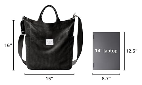 KALIDI Corduroy Tote Bag, Large Slouchy Hobo Messenger Crossbody Bag | Anti Splash Zipper Side Pockets Shoulder Bag Adjustable Strap Lightweight Casual Work Shopping Women - color: Black