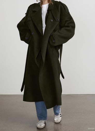 chouyatou Women's Winter Double Breasted Wool Coat Long Sleeve Notch Lapel Midi Long Winter Trench Coat with Belt - color: Army Green, size: Large