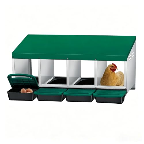 Galvanized Steel Chicken Nesting Box 4 Compartment with Pull Out Tray, Roll Away Nest Boxes for Laying Hens Egg Collection, Wall Mount Poultry Nest Box for Coop with Handle, Green - color: Green, size: 4 Compartments