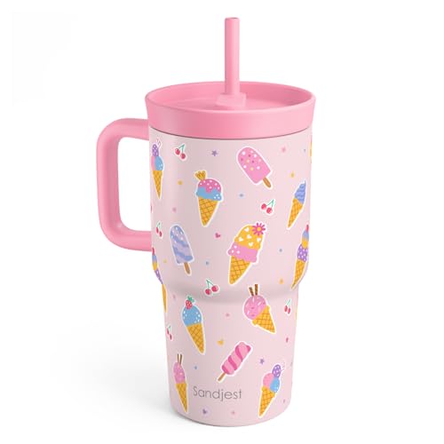 SANDJEST Ice Cream Stainless Steel Tumbler 20oz with Handle and Silicone Straw Locking Lid for Kids Girls, Birthday Christmas Back to School - color: Ice Cream