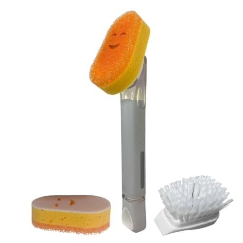 Smilyeez Grey Soap Dispensing Dish Wand – Scrub Brush + 2 Cute Non-Scratch Sponge Heads - color: Gray