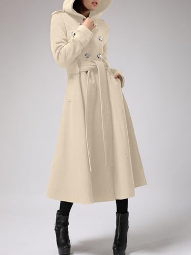 Cicy Bell Womens Long Double-Breasted Hooded Coat Winter Wool Trench Coat | Warm Pea Overcoat,Lapel Collar,Outwear with Belt,Open Front - color: Apricot, size: XX-Large