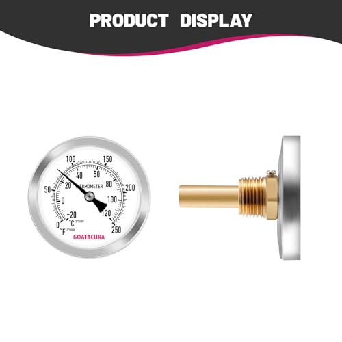 Hot Water Bimetal Thermometer, 2-1/2" Dial Size, 1-3/4" Lead-Free Brass Stem, 1/2" NPT Back Mount, 0-250 Deg F/-20-120 Deg C, 2% Accuracy