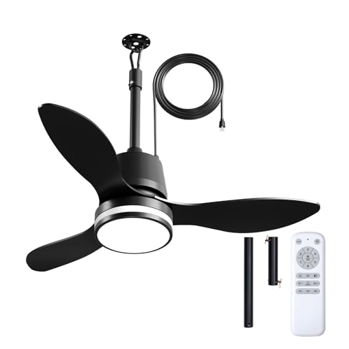 Amico 36" Outdoor Ceiling Fans with Lights, IP65 Waterproof Gazebo Fan | Waterproof, Remote Control, 3000-6000K, 6 Speeds, Hook Hanging Plug in, for Patio Porch Pergola Garage - size: 36 inch Black