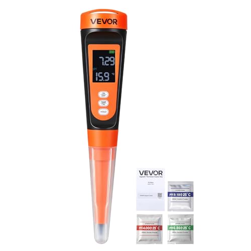 VEVOR Food pH Meter, 0-14 pH Range, IP68 Waterproof Probe, Pocket Tester Kit with Automatic Temperature Compensation, Calibration Powder Packets, Easy to Read, for Food Fermentation, Dough, Meat