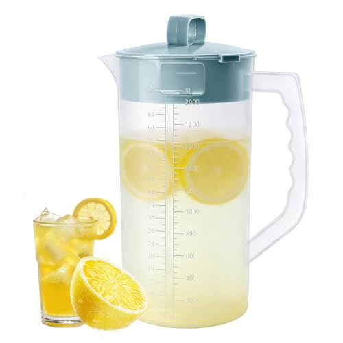64oz Mixing Pitcher with Built-in Stirrer & Plunger, Leak-Proof Translucent Plastic Jug with Measurement Marks for Smoothies, Protein Shakes, Home & Party (1)