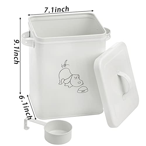 SOUJOY Pet Treat and Food Storage Bin with Lid and Scoop, 5LBS White Vintage Farmhouse Storage Tin, Coated Carbon Steel Canister, Gift for Dogs Owners