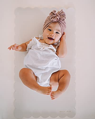 Vegan Leather Baby Changing Mat 16x30in, Wipeable, Foldable, Cream Scallop | Wipeable vegan leather changing mat folds compact for travel, portable multipurpose 16x30in - color: Cream Scallop