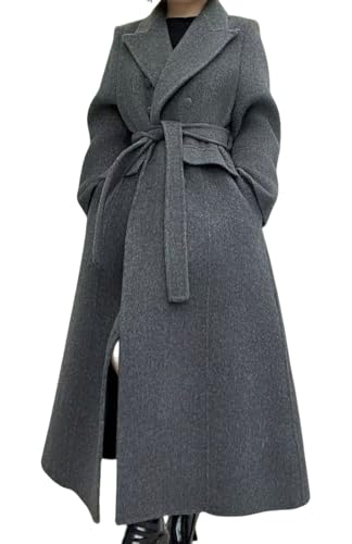 Women Long Winter Wool Pea Coat Lapel Double Breasted Trench Over Coat with Belt - color: Grey, size: X-Large