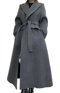 Women Long Winter Wool Pea Coat Lapel Double Breasted Trench Over Coat with Belt - color: Grey, size: X-Large