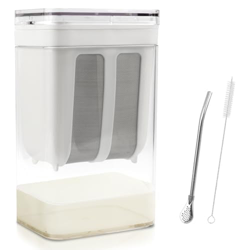 1800ml Greek Yogurt Maker & Strainer with Straw Spoon, Brush & Mesh Bag | 1.9Qt Multi-use strainer with fine mesh bag & lid. Makes yogurt, nut milk, juice, kefir & tofu. Straw spoon & brush included. - size: 1800ML