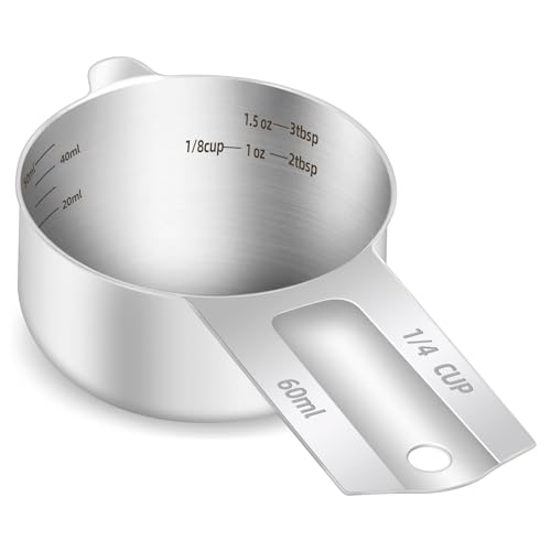 1PCS 1/4Cup (60ml, 2oz) Measuring Cup, Etched Inner Scale Measure Scoop | 18/8(304) Food-Grade Stainless Steel, Seamless One-Piece design, Metric and US Measurement, ‌Rust-Free, Dishwasher-Safe - size: 1/4Cup