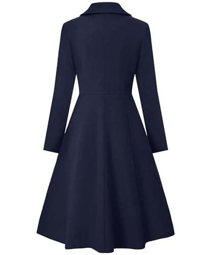 Women's Winter Double Breasted Trench Coat Notch Lapel Collar Wool Blend Pea Coat Swing A Line Long Overcoat - color: Dark Blue, size: X-Large