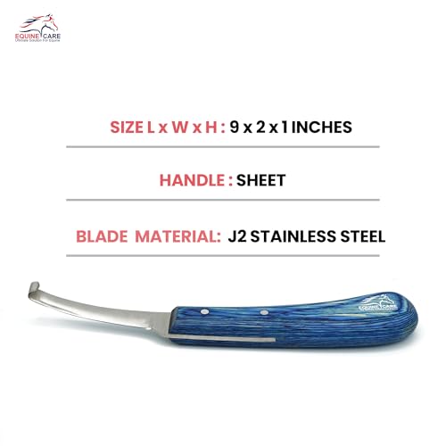 Right-Handed Narrow Farrier Hoof Knife, Horses, Ponies, Minis | Narrow hoof knife for detail trimming; J2 stainless steel blade; smooth blue layered handle; right- or left-handed - style: Right-Handed