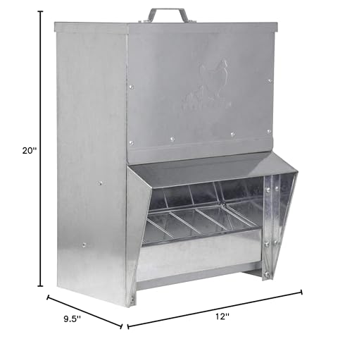 RentACoop 25lb Gravity-Fed Metal Trough Feeder with Lid & Rain Cover - size: 25LB Capacity