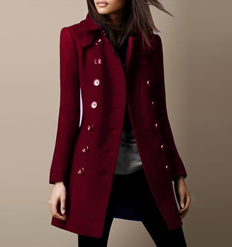 chouyatou Women's Winter Double Breasted Wool Coat Elegant Collared Wool Blend Trench Pea Coat - color: Wine Red, size: Medium