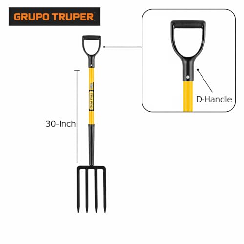 Truper Tru Pro 4-Tine Spading Fork, 30-Inch Heavy-Duty Fiberglass Handle with D-Grip, Professional Forged Steel Digging and Aerating Tool (Model BJ-4F / 30299) - size: 30-Inch, style: Tru Pro - Spading Fork 4-Tine