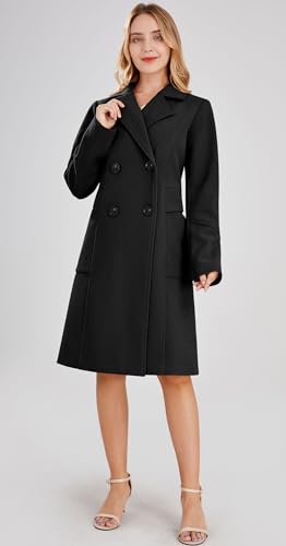 chouyatou Women's Basic Essential Double Breasted Mid-Long Wool Blend Pea Coat - color: Black, size: Large