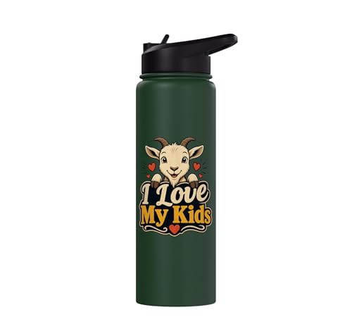 Goat Lover Farm Kids Animal Heart Cute Stainless Steel Insulated Water Bottle - color: Dark Green