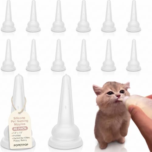 POPETPOP 40 Pack Silicone Pet Nursing Nipples, Cat Pacifiers Replacement | Bottle Nipples for Kitten, Puppy, Bunny and Small Animals Milk Feeding, Pet Feeder Nipples (Pointed)
