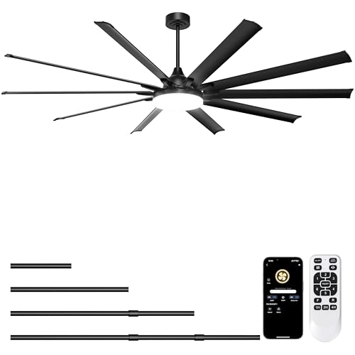 Ohniyou 96" Industrial Ceiling Fan with Bright Lights, High CFM Shop Fan | Remote/App Control, 10 Aluminum Blades, Extra Large Metal Fan for Covered Patio, Gym, Warehouse, Black - color: Black, style: With Light