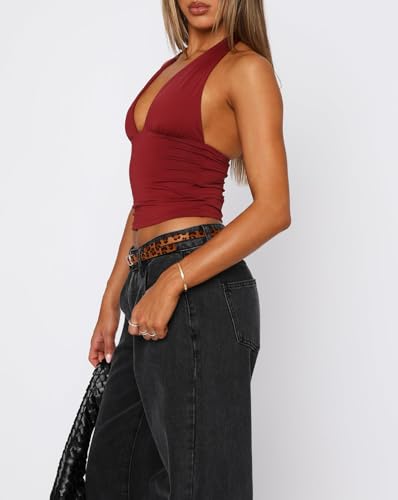 ForeFair Women Sexy Halter Deep V Neck Backless Crop Tank Top Open Back Sleeveless Slim Fit Y2k Summer Tops - color: Burgundy, size: Small