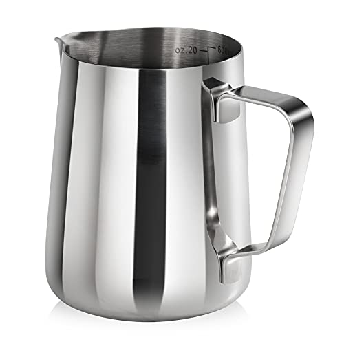 New Star Foodservice Stainless Steel Frothing Pitcher, 20 oz Espresso Milk Steaming Cup with Measurement Scale, Commercial Grade 18/8 Barista Pitcher for Lattes, Cappuccinos, Coffee, Silver - size: 20.3 Ounces