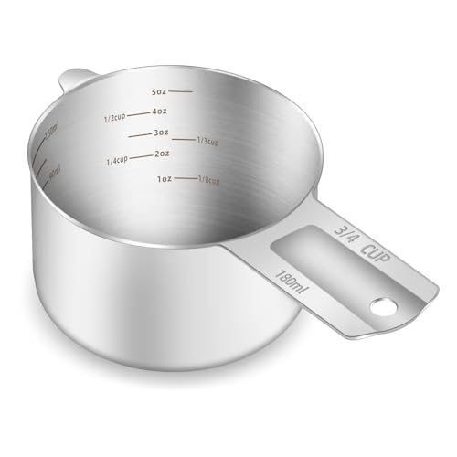 1PCS 3/4Cup (180ml, 6oz) Measuring Cup, Etched Inner Scale Measure Scoop | 18/8(304) Food-Grade Stainless Steel, Seamless One-Piece design, Metric and US Measurement, ‌Rust-Free, Dishwasher-Safe - size: 3/4Cup