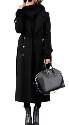 chouyatou Women's Winter Double Breasted Wool Coat Business Casual Long Winter Pea Coat with Belt - color: Black, size: XX-Large