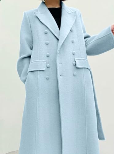 Women Long Winter Wool Pea Coat Lapel Double Breasted Trench Over Coat with Belt - color: Blue, size: Small