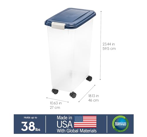 IRIS USA Dog Food Storage Container, Up to 38 lbs, Navy, Made in USA | Wheels for Mobility, Airtight Seal, BPA-Free, Best for Bird Seed, Cat food, Cat Litter, Chicken Feed, Pellets - color: Navy, size: 38 lbs
