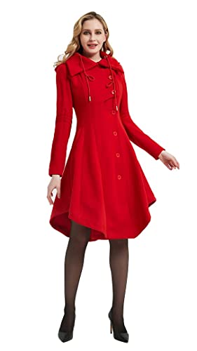 Long Trench Pea Coat for Women - Winter Trench Coat Goth Lapel Peacoat Outwear Thick Hood Pea Jacket Trenchcoat - color: A- Red, size: XX-Large