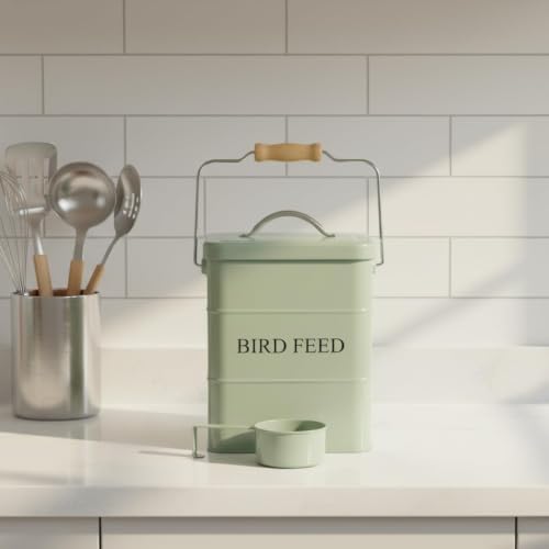 Morezi Bird Seed Storage Container Metal, 6 Lbs Airtight Bird Food Tin | Outdor Wild Bird Seed Container Canister w/ Scoop/Wooden Handle , Sturdy and Squirrel-proof, Keep Sunflower Seed Fresh-Green - color: Green