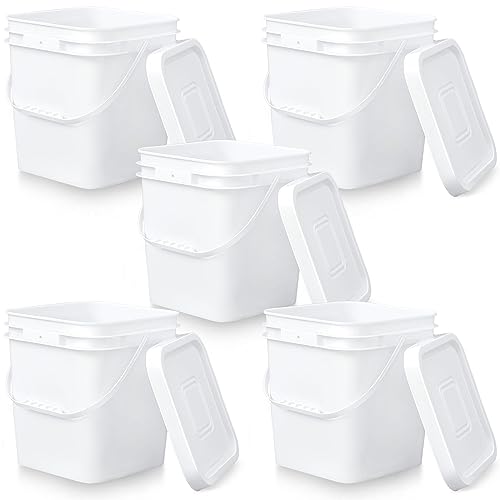 Mumufy 5 Pcs 3.5 Gallon Square Food Grade Bucket with Lid Square Bucket Pail Plastic Handles for Long Term Food Storage, Camping, Fishing, Home Organization Easy Stack and Store (White) - color: White