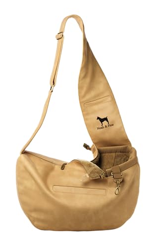 Noah & Paw Dog Sling Carrier for Small Dogs 3-10lb, Dog Sling for Small Dogs and Cats, Dog Carrier with Adjustable Padded Strap, Vegan Leather Lined with Fur, 3X Safety Features, Machine Washable - color: Beige, size: 15.0"L x 6.0"W x 5.5"H