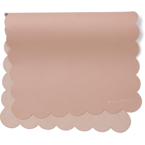 Vegan Leather Baby Changing Mat 16x30in, Wipeable, Foldable, Pink Scallop | Wipeable vegan leather changing mat folds compact for travel, portable multipurpose 16x30in - color: Pink Scallop