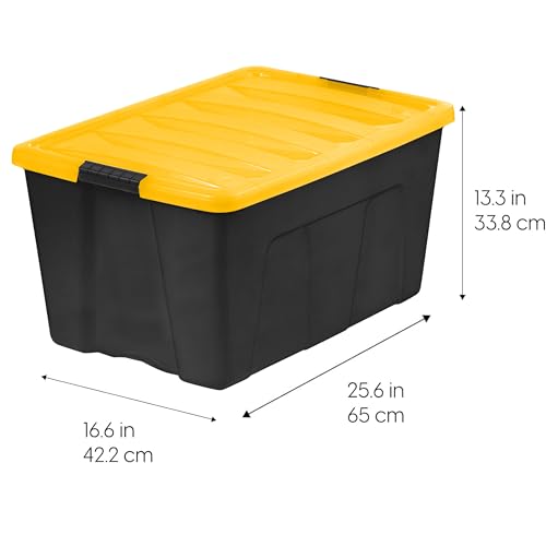 IRIS USA 6-Pack 72 Quart Storage Bins with Lids, Black/Yellow | Black finish conceals stored items. Perfect for moving, blankets, clothing, and garage storage. Nestable design saves space - size: 72 Qt, style: 6 Pack