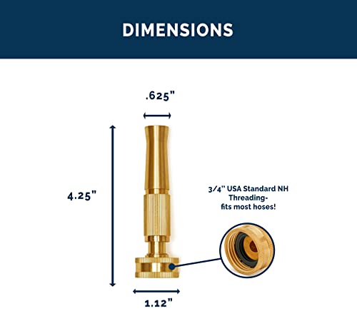 Brass Adjustable Nozzle, Twist Garden Hose Sprayer, Heavy-Duty Power Spray Attachment, High Pressure Water Jet with ¾” Standard Threading, Includes 2 Extra Rubber Washers - 2-PACK - size: Nozzle - 2 Pack