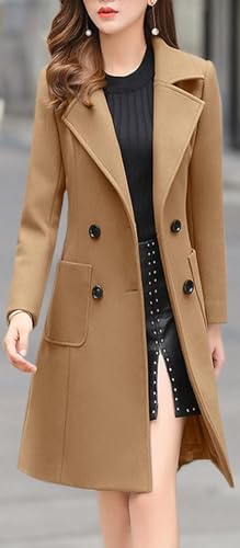 chouyatou Women Elegant Notched Collar Double Breasted Wool Blend Over Coat - color: Camel, size: Small