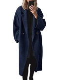 chouyatou Women's Winter Double Breasted Wool Coat Long Sleeve Notch Lapel Long Trench Coat - color: Navy Blue, size: X-Large