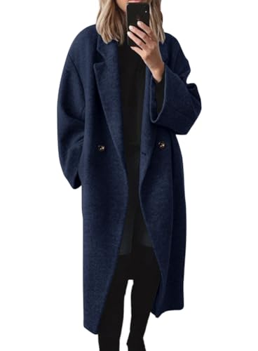 chouyatou Women's Winter Double Breasted Wool Coat Long Sleeve Notch Lapel Long Trench Coat - color: Navy Blue, size: Large